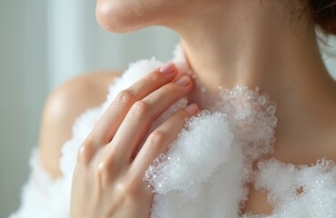 Fototapeta premium Woman neck and shoulder covered in soap bubbles. Close up of hand touching foamy water. Skincare routine with bath products for relaxation and clean body.