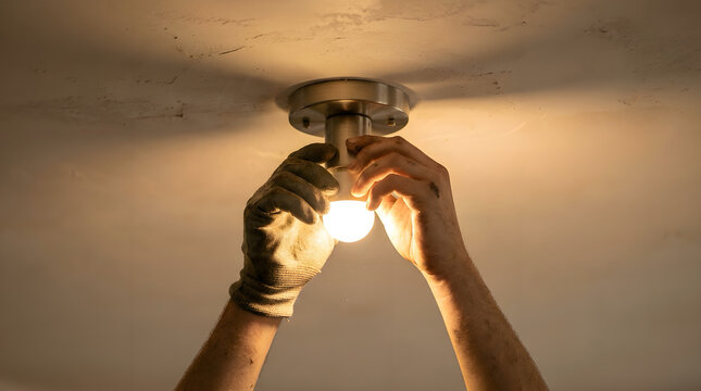 Person hands installing energy efficient light bulb into ceiling light fixture with lighting installation efficiency electrician maintenance handyman