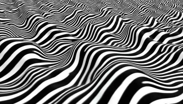 Abstract black, white wavy lines create dynamic topographic texture. Pattern resembles zebra skin with flowing contours. Optical illusion effect offers modern graphic design element. Use for