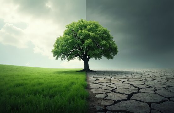 One tree stands split between green grass field and cracked dry earth. Half rich half barren landscape shows environmental contrast. Clear sky meets dark clouds, symbolizing climate change.