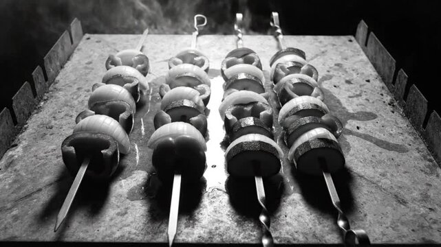 Black and White Overhead View of Grilled Vegetable Skewers on a Metal Cooking Surface, Smoke and Steam