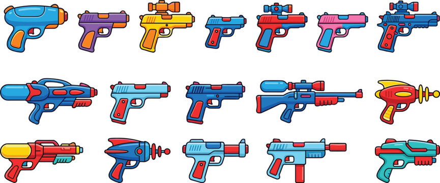 Colorful toy gun and water pistol vector set with cartoon blaster squirt gun space raygun laser weapon design elements for summer game illustration