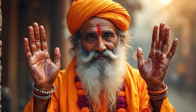 Hindu priest in orange robes offers blessings with raised hands. Elderly man wears turban, nose paint, henna on his palms. He has bead bracelets, flower garlands. Spiritual elder bestows good wishes.