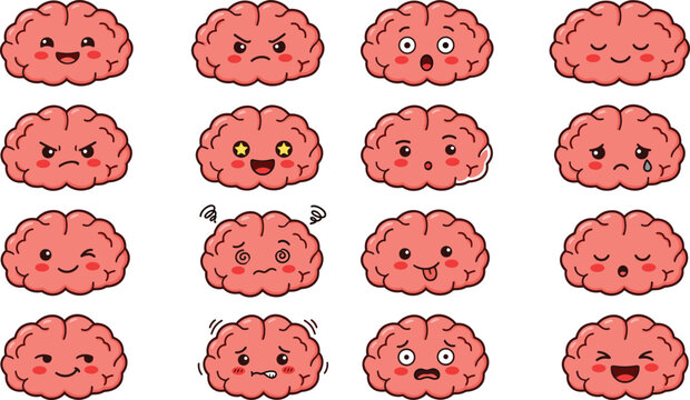 Cute human brain cartoon vector emoji set with funny mind characters showing diverse expressions emotions psychological feelings mental health illustration