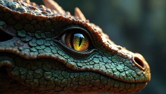 Close view of a green scaly dragon head. Its large golden eye with slit pupil stares intensely. Textured skin shows details. Dark background.