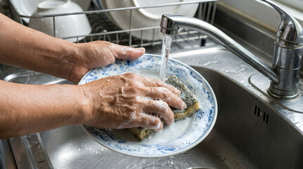 Fototapeta premium Person washing dirty dish with sponge and soap in kitchen sink cleaning household domestic maintenance scrubbing sanitation stainless homemaker