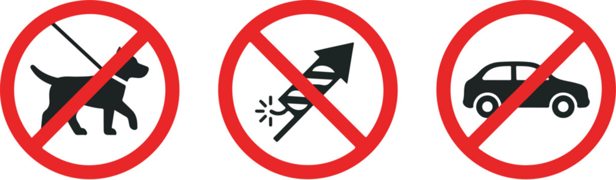 Traffic signs prohibiting dog on leash, fireworks, and car