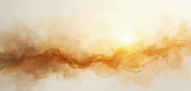 Abstract gold wave texture background. Soft watercolor paint spread with fine glitter dust. Light beige and brown colors blend elegantly, creating a smooth gradient effect for design.