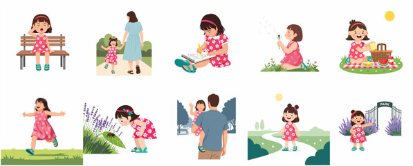 Fototapeta premium Collection of Flat Vector Illustrations of a Cute Little Girl's Activities and Family Moments in the Park