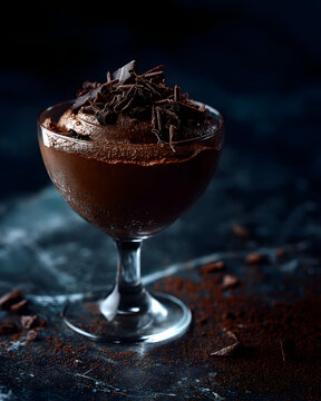 Dark Chocolate Mousse in Coupe Glass with Garnished Chocolate Shavings on Dark Background