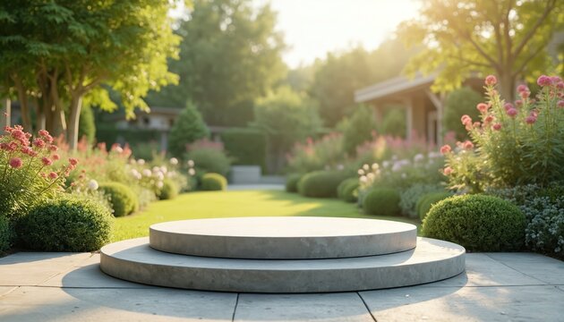 Stone podium on paved patio in lush garden. Sunny summer day, blooming flowers, green lawn, trees in background. Space for product display or presentation.