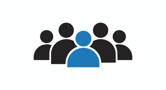 Group of people silhouette icons with a blue front figure representing unity and teamwork.