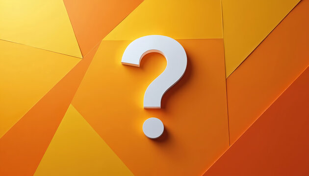 White question mark on abstract geometric background. Bright orange and yellow pattern with shadow. Clean design concept for questions and solutions. Graphic symbol for information.
