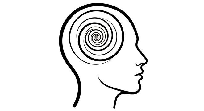 Abstract side-profile silhouette with a spiraling brain motif representing thoughts and mind.