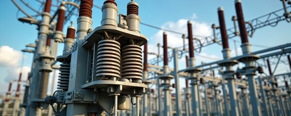 Fototapeta premium Electric substation with power lines. High voltage equipment and grid infrastructure transmit electricity. Industrial complex against sky. Power generation station.