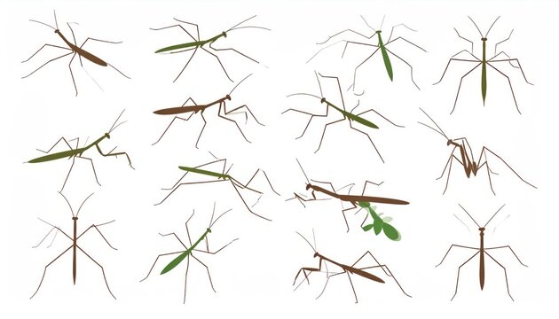 Collection of various stick insects isolated.