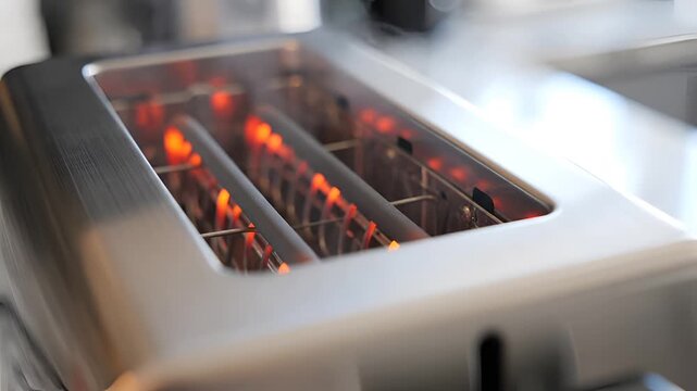 Closeup of a stainless steel toaster heating up bread slices.