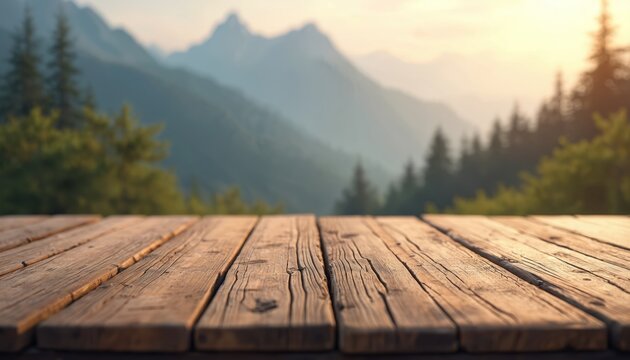 Wooden table foreground facing blurred mountain landscape with pine forest. Warm sun light creates soft bokeh effect, perfect for product placement or nature themed ads.