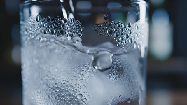 Closeup of cold water being poured into a glass with ice cubes.