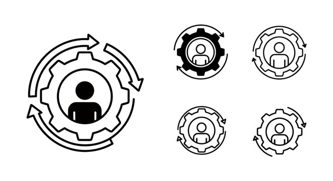 Circular gear icons around a user silhouette illustrating workflow and process management concept in technology and design.