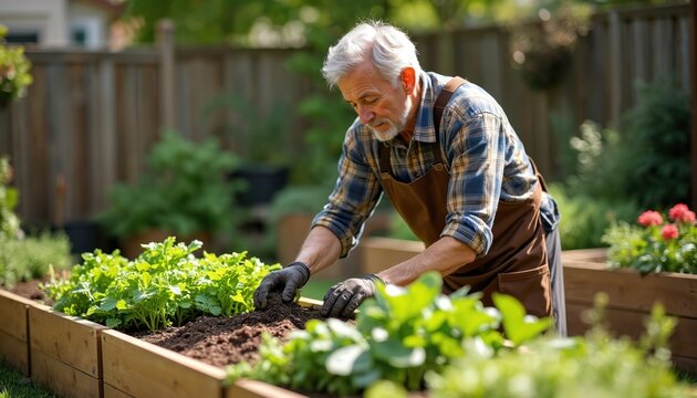 Elderly man in apron works in raised garden bed adding fresh soil to plants. Senior male gardener tends vegetables, planting greens in summer sun. Mature person enjoys hobby.