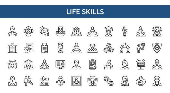 Diverse life skills icons showing teamwork, learning, communication, planning and daily problem solving in everyday activities.