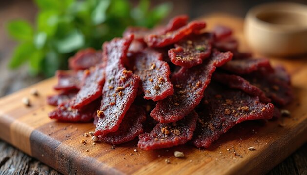 Heap of homemade beef jerky pieces seasoned with spices on wooden board. Dried meat strips, rich in protein, ideal for savory snack. Rich texture, natural herbs, savory taste.