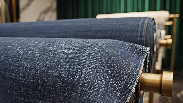 Closeup of denim fabric rolls in a textile store.