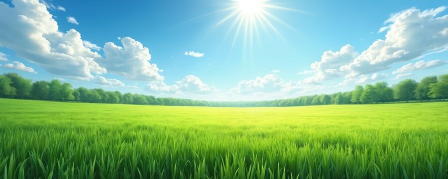Vast green grass field under bright sun and blue sky with fluffy clouds. Line of trees border horizon. Lush meadow awaits outdoor activity or serene nature scene.