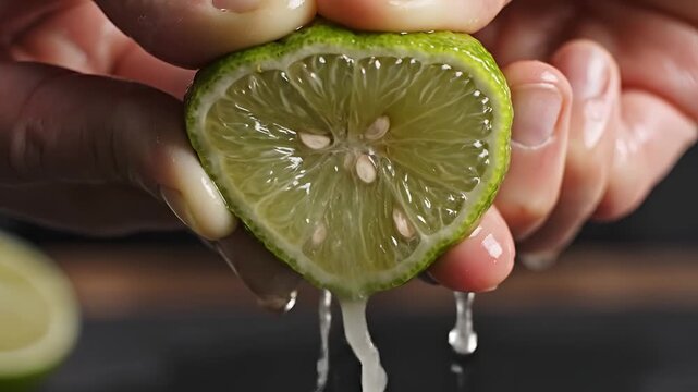 Closeup of hands squeezing a fresh lime juice dripping down.