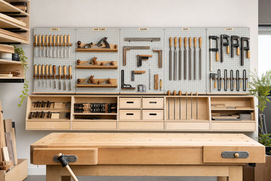 Tools are neatly arranged on a wall in a workshop. A wooden workbench is in front of the wall with storage boxes below. The space is well-lit and has a clean, organized look.