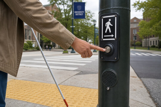 A person uses a white cane to push the button at a crosswalk in University District. The scene shows a clear sidewalk and campus buildings in the background.
