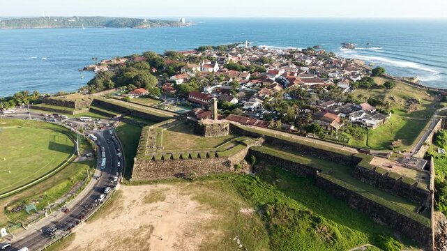 Aerial view of the historic Galle Fort featuring the clock tower and ancient stone ramparts overlooking the Indian Ocean in Galle, Southern Province, Sri Lanka.