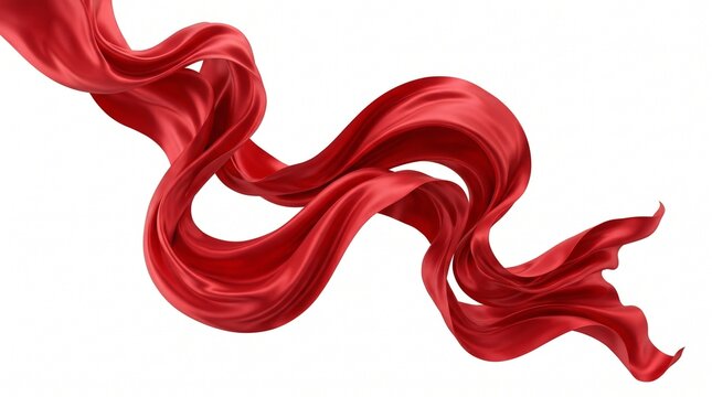 AI generated elegant flowing red satin fabric ribbon waving in the air, featuring smooth silky texture and dynamic ripples, isolated on a pure white background, realistic 3D render commercial design a