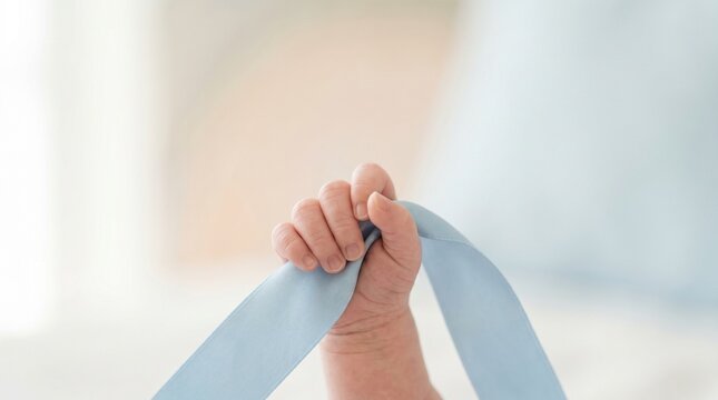 A delicate new life a baby's tiny hand gently holds a soft blue ribbon, symbolizing innocence and the promise of new beginnings