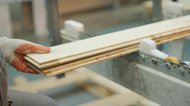 Detailed shot of lumber boards stacked together with a shallow depth of field and a blurred carpenter working in the background
