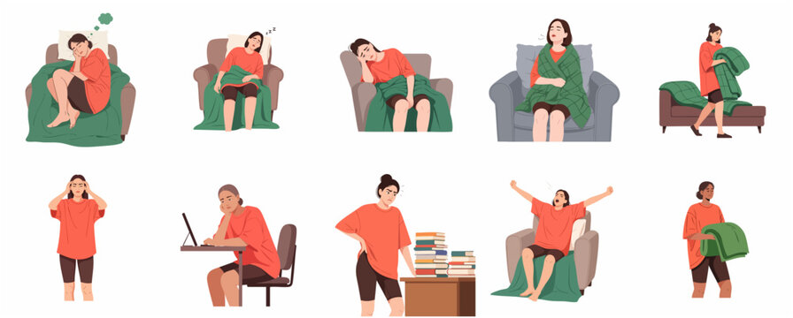 Exhausted woman character set showing symptoms of fatigue, burnout, and chronic sleepiness