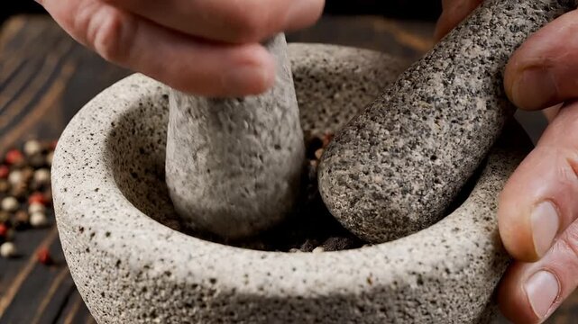 Grinding peppercorns in a stone mortar and pestle for fresh spice 2.
