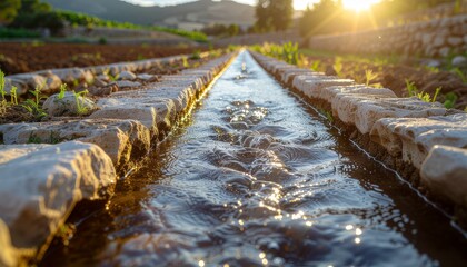 Naklejka premium Traditional Irrigation Water Channel in Agricultural Field at Sunset