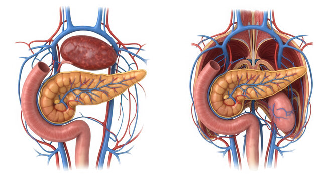 Medical illustration of human pancreas and digestive organs isolated on transparent background