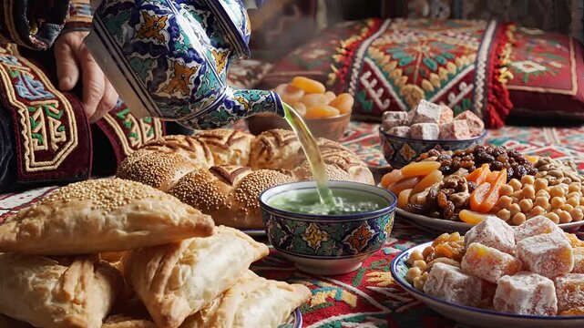 Traditional Uzbek Tea Ceremony with Delicious Pastries and Dried Fruits.