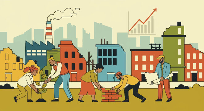 Community development illustration with diverse people building and planting