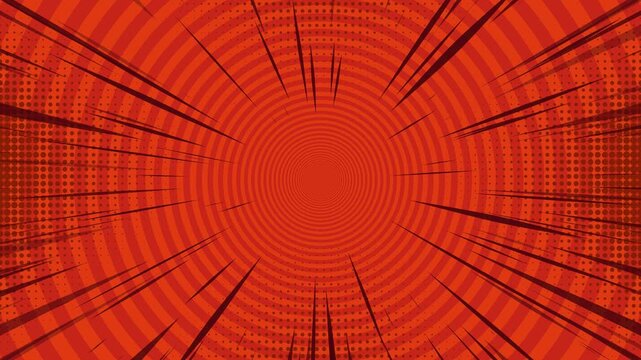 Dynamic comic book style red and orange background with radial lines and halftone dot motion video.