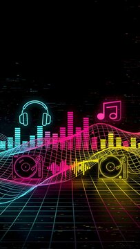 Neon Grid EDM Abstract Background With Equalizer And Turntable
