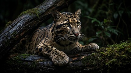 Obraz premium Clouded Leopard Resting on Mossy Log in Lush Tropical Jungle