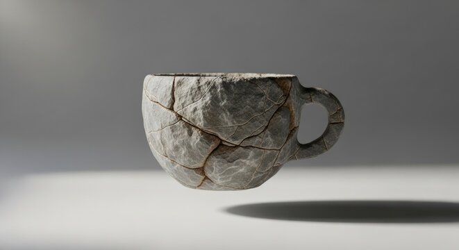 Cracked Stone Coffee Cup Floating with Shadow