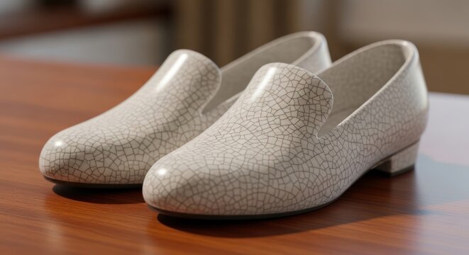 Elegant White Crackle Glaze Loafers on Wooden Table