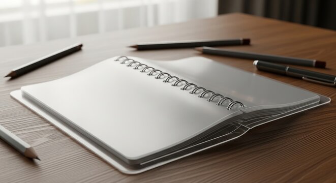 Blank Open Notebook with Pencils on Wooden Desk
