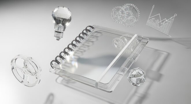 Crystal Ideas and Innovation: Lightbulb, Crown, Gears, Notebook, Geometric Shapes
