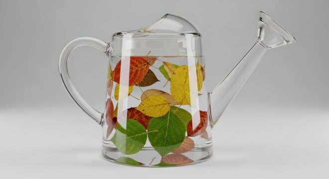 Glass Watering Can Filled with Autumn Leaves and Water
